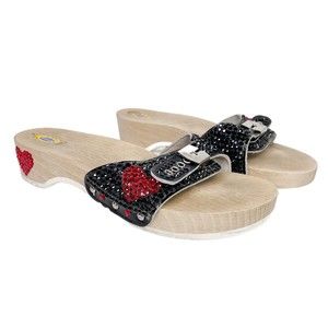 Vintage Dr Scholls Sandals Size 9 Black Red Heart Rhinestone Wooden Italy Made
